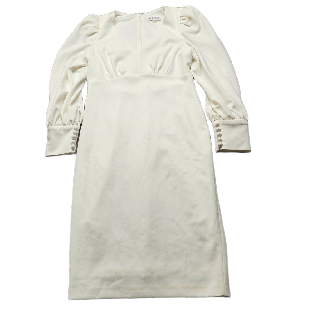 Calvin Klein Sheath Dress Women's 4 White Stretch‎ Puff Sleeve V-Neck Back Zip